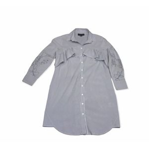 Adria Moss Shirt Dress Womens Medium M Floral Embroidered Blue and White Stripe